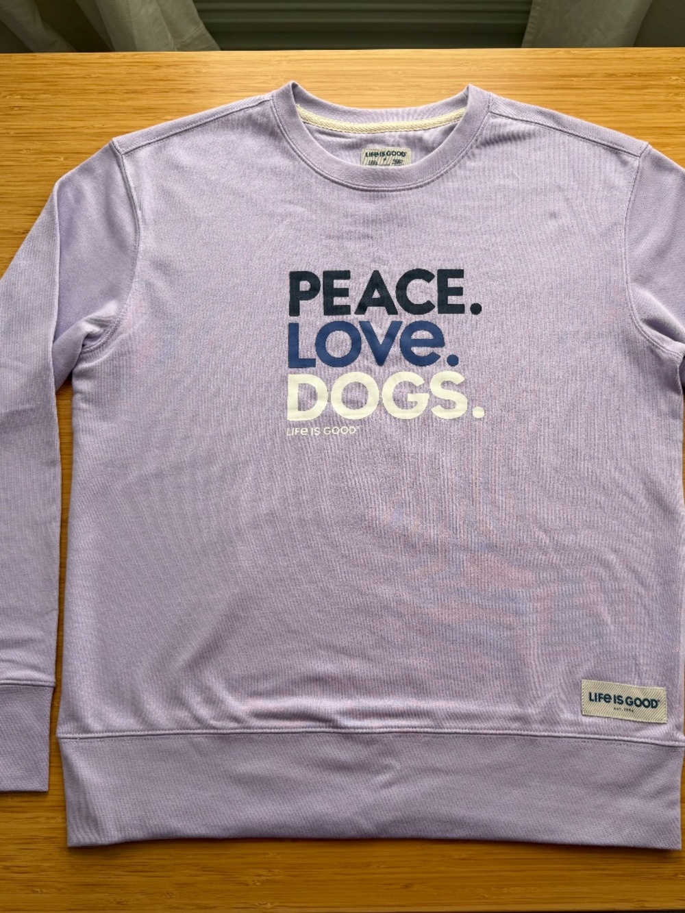 "Peace. Love. Dogs." Women's M Purple Sweatshirt (Life is Good brand)
